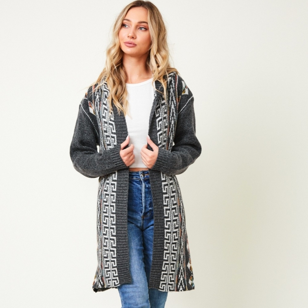 New! Cozy Charcoal Gray Aztec Boho Knit Cardigan Sweater - Picture 6 of 10